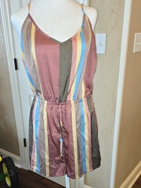 GBG Los Angeles Pink and Multicolor Striped Satin Romper